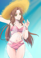  absurdres aerith_gainsborough aerith_gainsborough_(sunny_robe) aqua_background arm_behind_head artist_name bare_shoulders bikini bracelet breasts brown_hair cleavage closed_mouth cowboy_shot dated female final_fantasy final_fantasy_vii final_fantasy_vii_ever_crisis final_fantasy_vii_remake green_eyes hand_on_headwear hat highres jewelry lace long_hair medium_breasts navel official_alternate_costume parted_bangs pink_bikini shawl shikiwo sidelocks smile solo standing straw_hat surplice swimsuit thigh_gap wavy_hair 