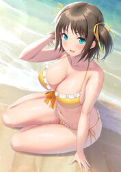  beach bikini breasts brown_hair cleavage collarbone commentary_request day female frilled_bikini frills green_eyes hair_ribbon hand_in_own_hair highres kawase_seiki large_breasts light_blush looking_at_viewer navel ocean open_mouth outdoors pink_nails ribbon ronye_arabel sand short_twintails sitting smile solo swimsuit sword_art_online sword_art_online:_alicization twintails wet yellow_bikini yellow_ribbon 