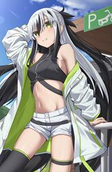  absurdres arm_up black_hair black_thighhighs blush breasts closed_mouth coat crop_top day fate/grand_order fate_(series) female green_eyes hair_between_eyes highres long_hair long_sleeves looking_at_viewer midriff multicolored_hair nagao_kagetora_(fate) navel open_clothes open_coat outdoors short_shorts shorts single_thighhigh skindentation small_breasts smile solo standing stomach thigh_strap thighhighs toukan two-tone_hair uesugi_kenshin_(fate) uesugi_kenshin_(second_ascension)_(fate) very_long_hair white_coat white_hair white_shorts 