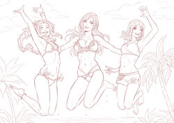  3girls aerith_gainsborough beach bikini breasts cissnei cleavage closed_eyes cloud cloudy_sky cowgirl_(western) crylin6 final_fantasy final_fantasy_vii final_fantasy_vii_rebirth final_fantasy_vii_remake greyscale jumping large_breasts long_hair looking_at_viewer medium_breasts midriff monochrome multiple_girls navel one_eye_closed palm_tree shorts side-tie_bikini_bottom sky small_breasts smile stomach swimsuit tank_top tankini tifa_lockhart tree 