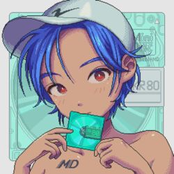  animated animated bare_shoulders blinking blue_hair bright_pupils dark-skinned_female dark_skin dithering female hat holding looking_at_viewer looping_animation minidisc narume original pixel_art red_eyes short_hair solo topless white_hat white_pupils 