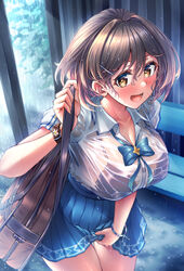  :d absurdres bag black_bra blue_bow blue_skirt blush bow bra bra_visible_through_clothes breasts brown_hair cleavage commentary_request cowboy_shot dot_nose female granblue_fantasy hair_intakes hair_ornament hairclip highres large_breasts looking_at_viewer open_mouth pleated_skirt school_bag school_uniform see-through shirt short_hair skirt smile solo standing stir255 tajiri_miku thigh_gap underwear wet wet_clothes wet_shirt white_shirt yellow_eyes 