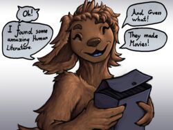  4:3 alien anthro demon_deity dialogue english_text farsul_(the_nature_of_predators) female floppy_ears fur fyron_(the_nature_of_predators) happy hi_res mammal satchel shaggy_fur snout solo speech_bubble tagme text the_nature_of_predators 