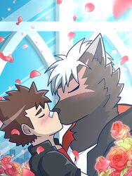  3:4 anthro bandaid_protagonist_(tas) canid canine canis domestic_dog dragokaizer666 duo hi_res human kissing lifewonders male male/male mammal protagonist_(tas) romantic romantic_couple tadatomo_(tas) tokyo_afterschool_summoners 