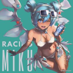  absurdres aqua_eyes aqua_hair bikini black_gloves blue_eyes body_writing breasts cleavage dark_skin double_bun eyewear_on_head female fingerless_gloves full_body gloves goodsmile_racing hair_bun hatsune_miku headset heart_hair_bun high_heels highres looking_at_viewer mechanical_wings nail_polish navel no_socks one_eye_closed open_mouth placard race_queen racing_miku racing_miku_(2013) racing_miku_(2013_sepang_ver.) sharp_sign sign smile solo stomach sun_tattoo sunglasses swimsuit tan tanlines transparent transparent_wings vocaloid wasprade white_bikini wings 