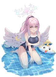  absurdres angel_wings aqua_hair arm_support arm_under_breasts ass_visible_through_thighs bare_arms barefoot between_legs black_one-piece_swimsuit black_scrunchie blue_archive blue_halo blunt_bangs blush border breasts caustics collarbone commentary competition_school_swimsuit crescent d: eyes_visible_through_hair feathered_wings female full_body grabbing_own_arm gradient_hair gradient_halo groin hair_between_eyes hair_ornament hair_scrunchie halo hand_between_legs high_ponytail highres innertube large_breasts leaning_forward long_hair looking_at_viewer low_wings mika_(blue_archive) multicolored_hair multicolored_halo one-piece_swimsuit parted_bangs parted_lips peroro_(blue_archive) pink_hair pink_halo ponytail pool qumai79 school_swimsuit scrunchie shallow_water sidelocks simple_background sitting solo swim_ring swimsuit thighs tile_floor tiles tongue tongue_out trinity_general_school_swimsuit very_long_hair wariza water wet wet_clothes wet_swimsuit white_background white_border white_wings wide_ponytail wing_ornament wings yellow_eyes yellow_innertube 