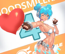  aqua_eyes aqua_hair bikini black_gloves blue_eyes body_writing breasts commentary dark_skin double_bun eyewear_on_head female fingerless_gloves full_body gloves goodsmile_racing hair_bun hatsune_miku headset heart_hair_bun highres looking_at_viewer mechanical_wings nail_polish navel one_eye_closed open_mouth placard race_queen racing_miku racing_miku_(2013) racing_miku_(2013_sepang_ver.) sharp_sign sign smile solo ssaknanda stomach sun_tattoo sunglasses swimsuit tan tanlines transparent transparent_wings vocaloid white_bikini wings 