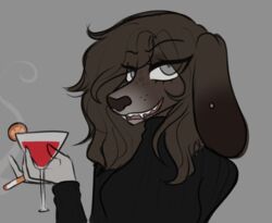  1970s alcohol anthro belladonna_cane beverage bird_dog bloodhound canid canine canis cigarette cumcadaver domestic_dog ear_piercing english_pointer female freckles hi_res hunting_dog mammal mixed_breed piercing scent_hound sharp_teeth smile solo teeth 