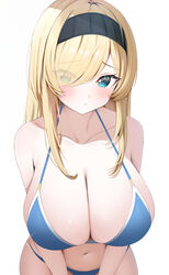  absurdres armpit_crease bare_shoulders bikini black_hairband blonde_hair blue_bikini blue_eyes blush breasts closed_mouth collarbone commentary_request commission eyes_visible_through_hair female furrowed_brow hair_over_one_eye hairband halterneck highres huge_breasts long_hair looking_at_viewer navel original pixiv_commission rei_(ilust9999) simple_background solo string_bikini swept_bangs swimsuit upper_body v_arms white_background 