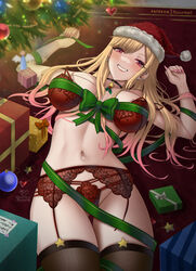  ass_visible_through_thighs black_thighhighs blonde_hair box bra breasts breasts_apart carpet choker christmas christmas_tree clenched_teeth collarbone colored_tips ear_piercing earrings fake_nails female fur-trimmed_headwear fur_trim gift gift_box green_ribbons grin hands_up hat highres indoors jewelry kitagawa_marin lace-trimmed_bra lace-trimmed_panties lace_garter_belt lace_trim long_hair looking_at_viewer lying medium_breasts micro_panties multi-strapped_panties multicolored_hair nail_polish navel on_back on_floor panties patreon_username piercing pink_nails red_bra red_carpet red_eyes red_garter_belt red_hat red_panties ribbon ryuuneart santa_hat smile solo sono_bisque_doll_wa_koi_wo_suru star_(symbol) star_choker string_panties teeth thighhighs underwear underwear_only 