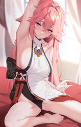  animal_ears arm_up armpits bare_arms bare_legs bare_shoulders barefoot blush breasts cherry_blossom_print english_commentary feet female floppy_ears floral_print fox_ears fox_shadow_puppet genshin_impact hair_between_eyes head_tilt highres large_breasts lessone long_hair looking_at_viewer nail_polish parted_lips pink_hair pink_nails purple_eyes shirt sitting sleeveless sleeveless_shirt sleeveless_turtleneck solo thighs toenail_polish toenails turtleneck very_long_hair white_shirt yae_miko 