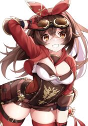  :d absurdres adjusting_goggles amber_(genshin_impact) bow breasts brown_eyes brown_hair brown_shorts cleavage corset cowboy_shot cropped_jacket female genshin_impact gloves goggles goggles_on_head hairband hairbow hand_on_own_leg highres hood jacket leaning_forward legs_apart long_hair looking_at_viewer medium_breasts nene_(atsushi_hamano) open_mouth red_bow red_gloves red_hairband red_jacket red_thighhighs shiny_skin short_shorts shorts simple_background smile solo standing thighhighs thighs white_background 