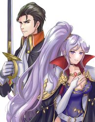  1boy absurdres armor ascot belt black_hair breasts cape cleavage collar commission commissioner_upload female fire_emblem fire_emblem:_genealogy_of_the_holy_war fire_emblem:_thracia_776 hair_ornament highres holding holding_sword holding_weapon ishtar_(fire_emblem) jewelry kousetu0506 long_hair non-web_source pauldrons purple_eyes purple_hair reinhardt_(fire_emblem) shoulder_armor skeb_commission sword very_long_hair weapon 