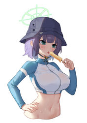  absurdres aqua_eyes black_hat blue_archive blunt_bangs blush breasts bucket_hat commentary cropped_jacket cropped_torso curvy eyebrows_hidden_by_hair female food green_halo halo hand_on_own_hip hand_up hat highres holding holding_food holding_popsicle hot jacket large_breasts multicolored_clothes multicolored_jacket navel official_alternate_costume popsicle purple_hair qumai79 saki_(blue_archive) saki_(swimsuit)_(blue_archive) short_hair simple_background solo stomach sweat tongue tongue_out two-tone_jacket upper_body white_background 