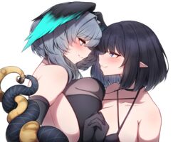  2girls absurdres aqua_eyes arknights black_gloves black_hair black_shirt blue_eyes breasts cleavage commentary_request commission elbow_gloves eunectes_(arknights) fingerless_gloves gloves grey_hair head_wings highres ho&#039;olheyak_(arknights) holding_hands huge_breasts interlocked_fingers intertwined_tails magnet_(vocaloid) medium_hair multiple_girls pixiv_commission rikuguma shirt short_hair simple_background tail upper_body white_background wings yuri 