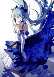  2023 backless_dress backless_outfit bad_id bad_pixiv_id black_bow blue_eyes blue_flower blue_hair blue_ribbon blue_rose bow chinese_commentary closed_mouth commentary_request detached_sleeves dress female floating_hair flower from_side gradient_background hairbow hatsune_miku highres long_hair long_sleeves looking_at_viewer pleated_dress ribbon rose short_dress signature simple_background sleeveless sleeveless_dress sleeves_past_wrists solo standing twintails very_long_hair vocaloid white_background white_dress white_sleeves yukleeeee 