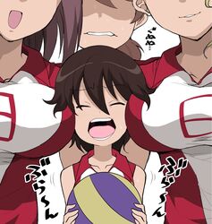  4girls annoyed bad_id bad_twitter_id ball breast_envy breast_smother breasts brown_hair closed_eyes face_to_breasts girl_sandwich girls_und_panzer hair_between_eyes height_difference henyaan_(oreizm) highres holding holding_ball isobe_noriko kawanishi_shinobu kondou_taeko large_breasts multiple_girls ooarai_volleyball_uniform open_mouth out_of_frame parody sandwiched sasaki_akebi short_hair simple_background sportswear volleyball_(object) volleyball_uniform white_background 