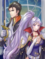  1boy armor ascot belt black_hair breasts cape cleavage collar commentary commission commissioner_upload english_commentary female fire_emblem fire_emblem:_genealogy_of_the_holy_war fire_emblem:_thracia_776 hair_ornament highres holding holding_sword holding_weapon ishtar_(fire_emblem) jewelry kousetu0506 long_hair mixed-language_commentary pauldrons purple_eyes purple_hair reinhardt_(fire_emblem) shoulder_armor skeb_commission sword very_long_hair weapon 