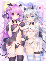  2girls ameto_yuki babydoll black_babydoll black_panties black_thighhighs blue_eyes bow breasts bridal_garter closed_mouth clothing_cutout cowboy_shot demon_girl demon_horns demon_tail flower-shaped_hair frilled_babydoll hairbow head_wings highres horizontal-striped_thighhighs horns large_breasts long_hair looking_at_viewer medium_breasts multiple_girls navel open_mouth original panties pink_eyes pink_hair pubic_tattoo see-through see-through_sleeves side-tie_panties smile standing stomach string_panties striped_clothes striped_panties striped_thighhighs tail tattoo thighhighs thighs underboob underboob_cutout underwear very_long_hair white_babydoll white_hair wings wrist_cuffs 