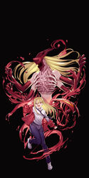  absurdres black_background black_necktie black_pants blood blood_devil_(chainsaw_man) breasts chainsaw_man collared_shirt commentary cross-shaped_pupils dark_background dual_persona extra_arms female hair_between_eyes hemokinesis highres holding holding_scythe horns intestines jacket kiunchiku long_hair looking_at_viewer monster_girl multiple_horns necktie off_shoulder open_mouth pants power_(chainsaw_man) red_eyes red_horns red_jacket ribs scythe sharp_teeth shirt shirt_tucked_in shoes simple_background small_breasts smile sneakers symbol-shaped_pupils teeth very_long_hair white_footwear white_shirt 