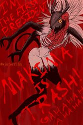  absurdres blood_devil_(chainsaw_man) chainsaw_man colored_extremities commentary cross-shaped_pupils english_commentary english_text extra_arms female highres horns long_hair monster_girl red_background ribs solo symbol-shaped_pupils twitter_username winterflan 