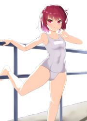  :&gt; absurdres android bare_legs barefoot blush breasts closed_mouth commentary dallim dorothy_haze female finger_to_mouth foot_out_of_frame hairband hand_on_railing highres joints legs looking_at_viewer one-piece_swimsuit red_eyes red_hair robot_joints shadow short_hair simple_background small_breasts smile solo standing standing_on_one_leg stretching swimsuit va-11_hall-a white_background white_hairband white_one-piece_swimsuit 