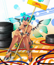  aqua_eyes aqua_hair bikini black_gloves body_writing commentary dark-skinned_female dark_skin double_bun eiji english_commentary eyewear_on_head female fingerless_gloves full_body gloves goodsmile_racing hair_bun hatsune_miku headset heart_hair_bun high_heels looking_at_viewer mechanical_wings nail_polish navel no_socks open_mouth placard race_queen racing_miku racing_miku_(2013) racing_miku_(2013_sepang_ver.) sandals sharp_sign sign sitting smile solo stomach sun_tattoo sunglasses swimsuit tan tanlines transparent transparent_wings vocaloid white_bikini wings 