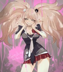  bear_hair_ornament big_hair black_necktie black_shirt blonde_hair blood breasts brown_eyes cleavage collarbone contrapposto cowboy_shot danganronpa:_trigger_happy_havoc danganronpa_(series) enoshima_junko female grey_necktie grin hair_ornament hands_up happy_birthday highres large_breasts long_hair miniskirt necktie pink_blood red_nails red_skirt shirt skirt smile solo talesofmea teeth twintails 