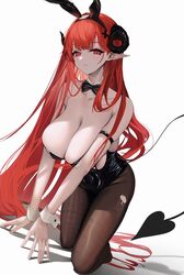  absurdres animal_ears arm_strap azur_lane bare_shoulders black_horns black_leotard blush breasts commentary_request curled_horns daiiichukiii detached_collar fake_animal_ears female hair_ornament highres hindenburg_(azur_lane) hindenburg_(delirious_duel)_(azur_lane) horns large_breasts leotard long_hair looking_at_viewer official_alternate_costume pantyhose partial_commentary playboy_bunny pointy_ears rabbit_ears red_eyes red_hair strapless 