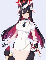  animal_ear_fluff animal_ears black_gloves black_hair blue_archive blush breasts closed_mouth colored_inner_hair cowboy_shot dress female fox_ears fox_mask fox_tail garrison_cap gloves halo hat holding holding_mask ichinomiya_(blantte) large_breasts long_hair mask multicolored_hair red_hair red_halo short_sleeves smile solo tail two-tone_gloves utnapishtim_operator_uniform_(blue_archive) wakamo_(blue_archive) white_dress white_gloves yellow_eyes 