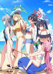  5girls ^_^ ahoge animal_ears ayane_(blue_archive) ayane_(swimsuit)_(blue_archive) barefoot beach bikini black_bikini black_footwear black_hair black_one-piece_swimsuit blonde_hair blue_archive blue_eyes blue_halo blue_ribbon blue_shorts blue_sky bottle breasts brown_eyes closed_eyes closed_mouth cloud collarbone commentary_request cross_hair_ornament day drinking flat_chest foreclosure_task_force_(blue_archive) frilled_bikini frills glasses green_halo grey_hair hair_ornament hair_ribbon halo higashiharakuni holding holding_bottle holding_clothes holding_footwear hoshino_(blue_archive) hoshino_(swimsuit)_(blue_archive) inflatable_toy inflatable_whale large_breasts legs long_hair looking_at_another medium_breasts multiple_girls navel nonomi_(blue_archive) nonomi_(swimsuit)_(blue_archive) ocean one-piece_swimsuit open_mouth outdoors pink_hair pink_halo pointy_ears racerback red-framed_eyewear red_eyes red_halo ribbon sand sandals serika_(blue_archive) serika_(swimsuit)_(blue_archive) shiroko_(blue_archive) shiroko_(swimsuit)_(blue_archive) shorts side-tie_bikini_bottom sky small_breasts smile soles striped_bikini striped_clothes swimsuit toes twintails walking white_bikini white_footwear white_halo yellow_bikini 