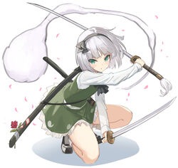  :o arm_up black_footwear black_hairband black_ribbon dual_wielding female flower frilled_skirt frills full_body green_eyes green_skirt green_vest hair_ribbon hairband highres hitodama hitodama_print holding holding_sword holding_weapon katana kiukoma konpaku_youmu konpaku_youmu_(ghost) light_blush long_sleeves parted_lips petals red_flower red_rose ribbon rose scabbard serious sheath shirt shoes short_hair simple_background skirt skirt_set socks solo squatting sword touhou unfinished unsheathed vest weapon white_background white_hair white_shirt white_socks 