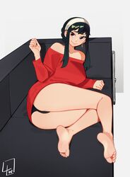  absurdres ass bare_shoulders barefoot black_hair black_panties breasts censored censored_feet closed_mouth collarbone commentary couch dangle_earrings earrings eyelashes feet female full_body grey_background hairband hand_up highres jewelry kneepits knees_together_feet_apart l4wless large_breasts legs long_sleeves looking_at_viewer lying no_pants off-shoulder_sweater off_shoulder on_couch on_side panties red_eyes red_sweater short_hair_with_long_locks sidelocks signature simple_background smile soles solo spy_x_family sweater toes underwear white_hairband yor_briar 