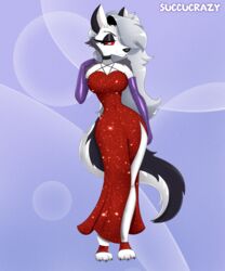  2023 5:6 abstract_background absurd_res anthro armwear artist_name avianaress bedroom_eyes big_breasts breasts canid canid_demon canine choker cleavage clothed clothing collar cosplay curvy_figure demon digital_media_(artwork) disney dress ear_piercing ear_ring elbow_gloves evening_gown eyebrow_piercing eyebrow_ring eyebrows eyelashes eyeshadow facial_piercing female fur gloves grey_body grey_fur grey_hair hair hair_over_eye half-closed_eyes handwear hellhound helluva_boss hi_res jessica_rabbit jewelry long_hair looking_at_viewer loona_(helluva_boss) makeup mammal multicolored_body multicolored_fur mythological_canine mythological_creature mythology narrowed_eyes necklace notched_ear one_eye_obstructed piercing red_clothing red_dress red_sclera ring_piercing seductive side_slit_dress smile solo standing strapless_clothing strapless_dress succucrazy two_tone_body two_tone_fur white_body white_eyes white_fur who_framed_roger_rabbit wide_hips 