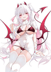  absurdres arm_support arrow_through_heart bandaged_arm bandages bikini blush bow bow_bikini breastless_clothes breasts colored_inner_hair commentary demon_girl demon_horns demon_tail demon_wings dress english_commentary feet_out_of_frame female fingernails hair_between_eyes hat highres holding holding_own_hair horns invisible_chair large_breasts long_fingernails long_hair looking_at_viewer low_wings microdress mole mole_under_eye multi-strapped_bikini_bottom multicolored_hair nail_polish nurse nurse_cap oerba_yun_fang open_mouth original paid_reward_available pink_bikini pink_eyes pink_hair pink_nails puffy_short_sleeves puffy_sleeves red_horns red_tail red_wings short_sleeves simple_background sitting slit_pupils smile solo swimsuit tail tail_raised thigh_gap thighhighs two-tone_hair two_side_up underboob underwear very_long_hair white_background white_dress white_hair white_thighhighs wings yukineko1018 