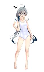  absurdres ahoge bare_shoulders barefoot collarbone commentary_request covered_navel female flat_chest full_body grey_eyes grey_hair hair_between_eyes highres kantai_collection kiyoshimo_(kancolle) long_hair low_twintails new_school_swimsuit one-piece_swimsuit open_mouth round_teeth school_swimsuit simple_background solo swimsuit takafumi teeth twintails upper_teeth_only variant_set very_long_hair white_background white_one-piece_swimsuit 