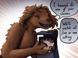  4:3 alien anthro demon_deity dialogue english_text farsul_(the_nature_of_predators) female fur fyron_(the_nature_of_predators) happy hi_res mammal satchel shaggy_fur solo speech_bubble text the_nature_of_predators twilight_(series) 