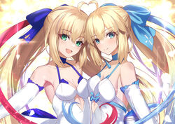  2girls ahoge aqua_eyes artoria_caster_(fate) artoria_caster_(swimsuit)_(fate) artoria_pendragon_(fate) bare_shoulders blonde_hair blush breasts cleavage closed_mouth dress elbow_gloves fate/grand_order fate_(series) gloves green_eyes hair_ribbon heart_ahoge_duo long_hair looking_at_viewer medium_breasts morgan_le_fay_(fate) morgan_le_fay_(water_princess)_(fate) multiple_girls neko_daruma open_mouth ponytail ribbon smile white_dress white_gloves 