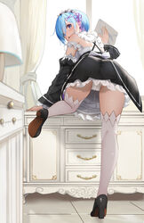  absurdres arm_support ass bare_shoulders black_dress blue_eyes blue_hair blush cleaning cleaning_windows climbing commentary_request day detached_sleeves dress female flower frilled_dress frilled_sleeves frills from_behind full_body gibun_(sozoshu) hair_flower hair_ornament hair_over_one_eye hair_ribbon hand_up high_heels highres indoors leaning_forward legs looking_at_viewer looking_back maid maid_headdress medium_hair on_one_knee open_mouth panties pantyshot purple_ribbon re:zero_kara_hajimeru_isekai_seikatsu rem_(re:zero) ribbon roswaal_mansion_maid_uniform short_hair solo standing strap_slip surprised thighhighs thighs underwear upskirt white_panties wide_sleeves window x_hair_ornament 