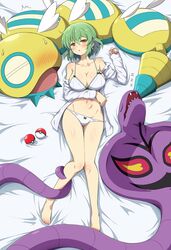  :o absurdres arbok armpit_crease ass_visible_through_thighs bare_shoulders barefoot bed bed_sheet blush bow bow_panties bra breast_tattoo breasts cleavage closed_eyes cobra_(animal) collarbone commission crossover dudunsparce eggman_(pixiv28975023) fangs feathered_wings feathers female green_bow green_hair groin hair_between_eyes highres hikage_(senran_kagura) large_breasts looking_at_viewer lying navel on_back open_clothes open_mouth open_shirt panties panty_pull poke_ball poke_ball_(basic) pokemon pokemon_(creature) senran_kagura senran_kagura_shinovi_versus senran_kagura_shoujo-tachi_no_shin&#039;ei shiny_skin short_hair skeb_commission sleeping slit_pupils snake sweat tattoo underwear white_bra white_feathers white_panties white_wings wings yellow_eyes zzz 