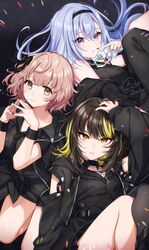  3girls black_hair black_hairband black_jacket black_nails black_necktie black_ribbon blonde_hair blue_hair blush brown_hair collared_shirt cometik_(idolmaster) cometik_note_(idolmaster) eyelashes hair_ribbon hairband hand_in_own_hair highres idolmaster idolmaster_shiny_colors ikaruga_luca ikuta_haruki jacket long_hair long_sleeves looking_at_viewer medium_hair multicolored_hair multiple_girls necktie own_hands_together parted_lips ribbon shinishi_chiho shirt short_hair sidelocks signature streaked_hair suzuki_hana upper_body wrist_cuffs yellow_eyes 