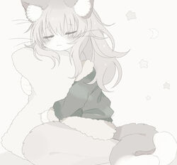  2023 2_tails 3_fingers ambiguous_gender anthro biped blush bottomless bottomless_anthro closed_eyes clothed clothing coat colored digital_media_(artwork) dipstick_tail domestic_cat felid feline felis female_(lore) fingers fluffy fluffy_tail full-length_portrait fur fur_trim_(clothing) grey_body grey_ears grey_fur grey_hair grey_inner_ear grey_tail hair holding_object holding_pillow inner_ear_fluff kemono long_hair mammal markings monotone_hair multi_tail multicolored_body multicolored_ears multicolored_fur multicolored_tail paws pillow portrait side_view simple_background sitting solo star_polygon tail tail_markings tatososu topwear tuft two_tone_body two_tone_ears two_tone_fur two_tone_tail whiskers white_background white_body white_fur white_inner_ear_fluff white_tail white_tail_tip winter_coat 