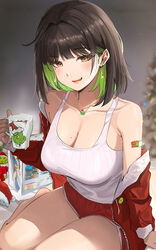  1boy absurdres bandaid bandaid_on_arm bare_shoulders black_hair breasts brown_eyes christmas cleavage colored_inner_hair commentary earrings female green_hair hat highres how_the_grinch_stole_christmas jewelry large_breasts miru_(ormille) mole mole_on_breast mole_under_eye multicolored_hair original ormille santa_hat smile the_grinch 