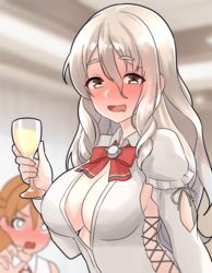  2girls alcohol blonde_hair blurry blurry_background bow bowtie breasts brown_eyes cleavage clothing_cutout cup drunk furaggu_(frag_0416) grey_hair highres holding holding_cup indoors kantai_collection large_breasts long_hair long_sleeves multiple_girls orange_hair pola_(kancolle) red_bow red_bowtie shirt shoulder_cutout solo_focus wavy_hair white_shirt wine zara_(kancolle) 