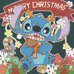  1:1 2023 4_fingers 4_toes alien ambiguous_gender anotherkate anthro biped blue_body blue_fur blue_nose blue_pawpads bow_(feature) candy candy_cane christmas_gift claws dessert digital_drawing_(artwork) digital_media_(artwork) disney duo experiment_(lilo_and_stitch) fake_antlers fake_horns feet finger_claws fingers food food_creature fur gift gingerbread_man grainy green_background head_tuft hi_res hidden_mickey holding_food holding_object lilo_and_stitch male_(lore) merry_christmas notched_ear open_mouth open_smile pawpads pupils sad simple_background sitting smile snowflake stitch_(lilo_and_stitch) toe_claws toes tuft white_pupils 