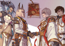  3boys animal_ears bahamut_(shingeki_no_bahamut) belial_(granblue_fantasy) black_hair blonde_hair blue_eyes breasts dragon draph erune fediel_(granblue_fantasy) female fingerless_gloves gloves granblue_fantasy grey_hair handshake highres horns long_hair lu_woh_(granblue_fantasy) lucilius_(granblue_fantasy) multiple_boys navel orange_eyes red_eyes short_hair sw21159502 white_hair 