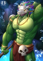  abs absurd_res anthro biceps bone bulge clarxender detailed_bulge genital_outline green_body green_scales hair hi_res lihzahrd lizard male mask multicolored_hair muscular muscular_anthro muscular_male pecs penis_outline rainbow_hair reptile scales scalie skull skull_mask solo terraria witch_doctor_(terraria) 