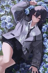  arm_up black_hair black_skirt blue_flower blue_rose closed_mouth collared_shirt commentary feet_out_of_frame female field flower flower_field grey_jacket hashtag-only_commentary highres ichinose_uruha ichinose_uruha_(6th_costume) jacket knee_up lapels long_sleeves looking_at_viewer lupinus_virtual_games lying official_alternate_costume official_alternate_hairstyle on_back open_clothes open_jacket oreazu plaid plaid_skirt pleated_skirt purple_eyes rose school_uniform shirt short_hair skirt smile solo thighs virtual_youtuber vspo! white_shirt 