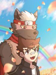  3:4 anthro asian_clothing bandaid_protagonist_(tas) canid canine canis clothing domestic_dog dragokaizer666 duo east_asian_clothing hi_res human lifewonders male male/male mammal protagonist_(tas) romantic romantic_couple tadatomo_(tas) tokyo_afterschool_summoners 