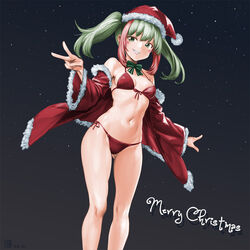  bikini breasts christmas coat commentary_request female front-tie_bikini_top front-tie_top fur-trimmed_coat fur-trimmed_headwear fur_trim green_hair hat highres looking_at_viewer merry_christmas minamoto80486 multicolored_hair navel original parted_lips red_bikini red_coat red_hair red_hat santa_hat side-tie_bikini_bottom smile solo swimsuit two-tone_hair v 